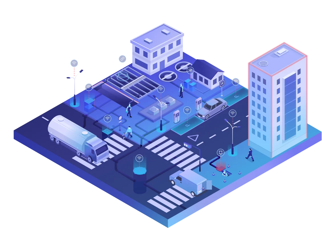 Isometric illustration of a smart city with connected water infrastructure sensors