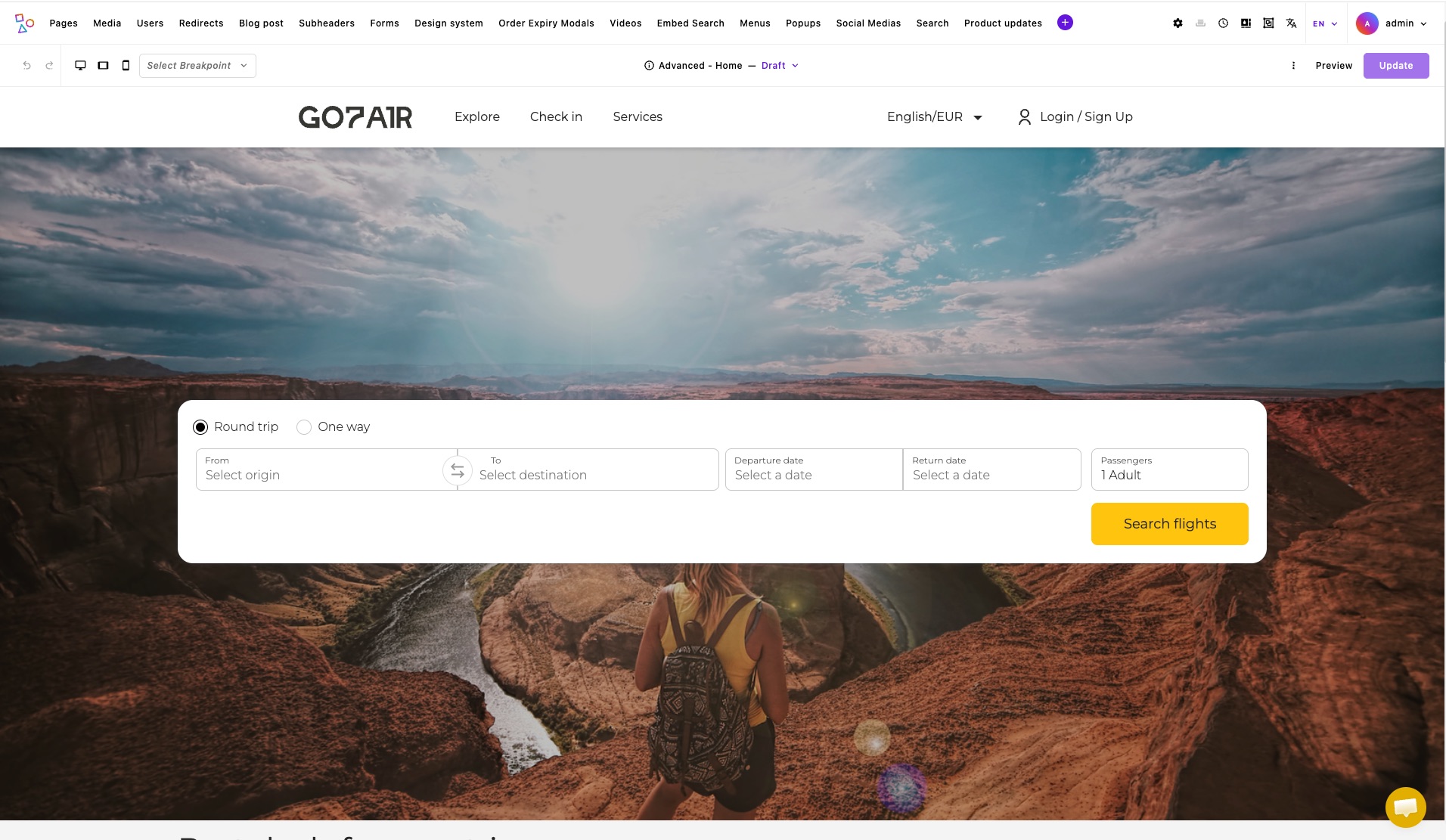 GO7 IBE Builder CMS editor with an airline flight search page